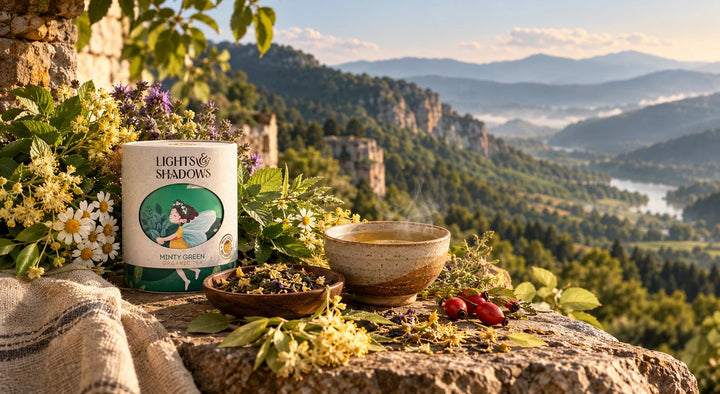 Minty Green tea tin with linden blossoms, chamomile, rosehips and a cup of herbal tea on a stone ledge above a mountain valley