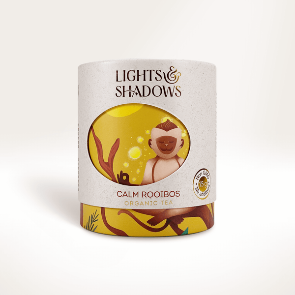 Calm Rooibos rooibos and camomile herbal tea in a Lights & Shadows gift box with a monkey on a branch