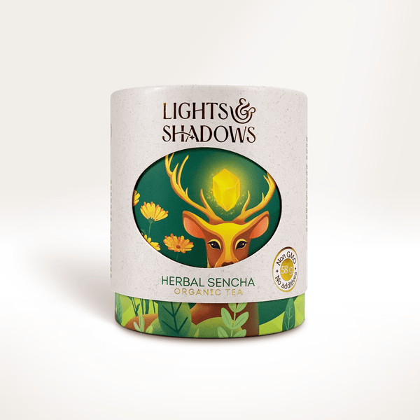 Herbal Sencha sencha green tea with herbs in a Lights & Shadows gift box with a stag in a forest