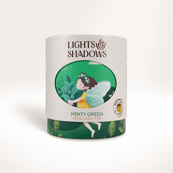 Minty Green gunpowder green tea with peppermint in a Lights & Shadows gift box with a fairy in a mint garden