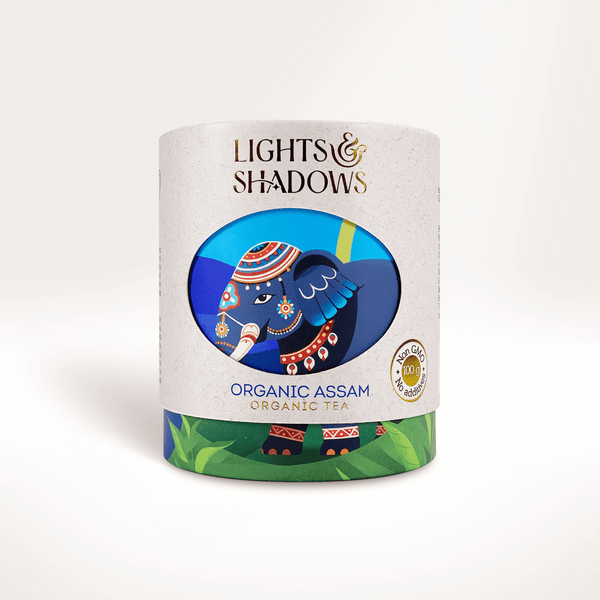 Organic Assam black tea in a Lights & Shadows gift box with a decorated elephant