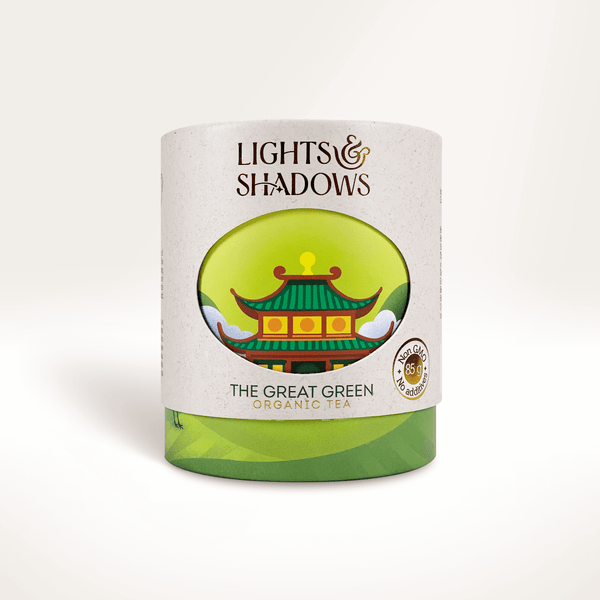 The Great Green organic Chinese sencha green tea in a Lights & Shadows gift box with a green pagoda