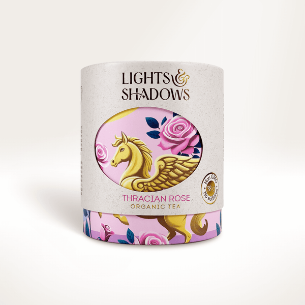 Thracian Rose white tea with Bulgarian rose in a Lights & Shadows gift box with a golden Pegasus and pink roses