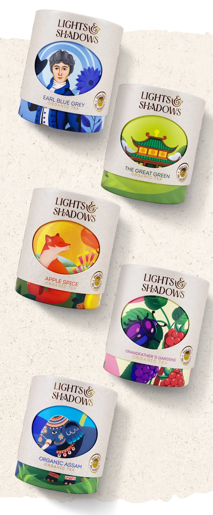 Five Lights & Shadows organic tea gift boxes: Earl Blue Grey, The Great Green, Apple Spice, Grandfather's Gardens and Organic Assam